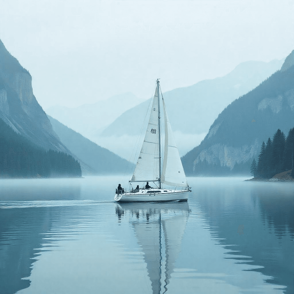 Bateau à voile sur un lac avec montagnes